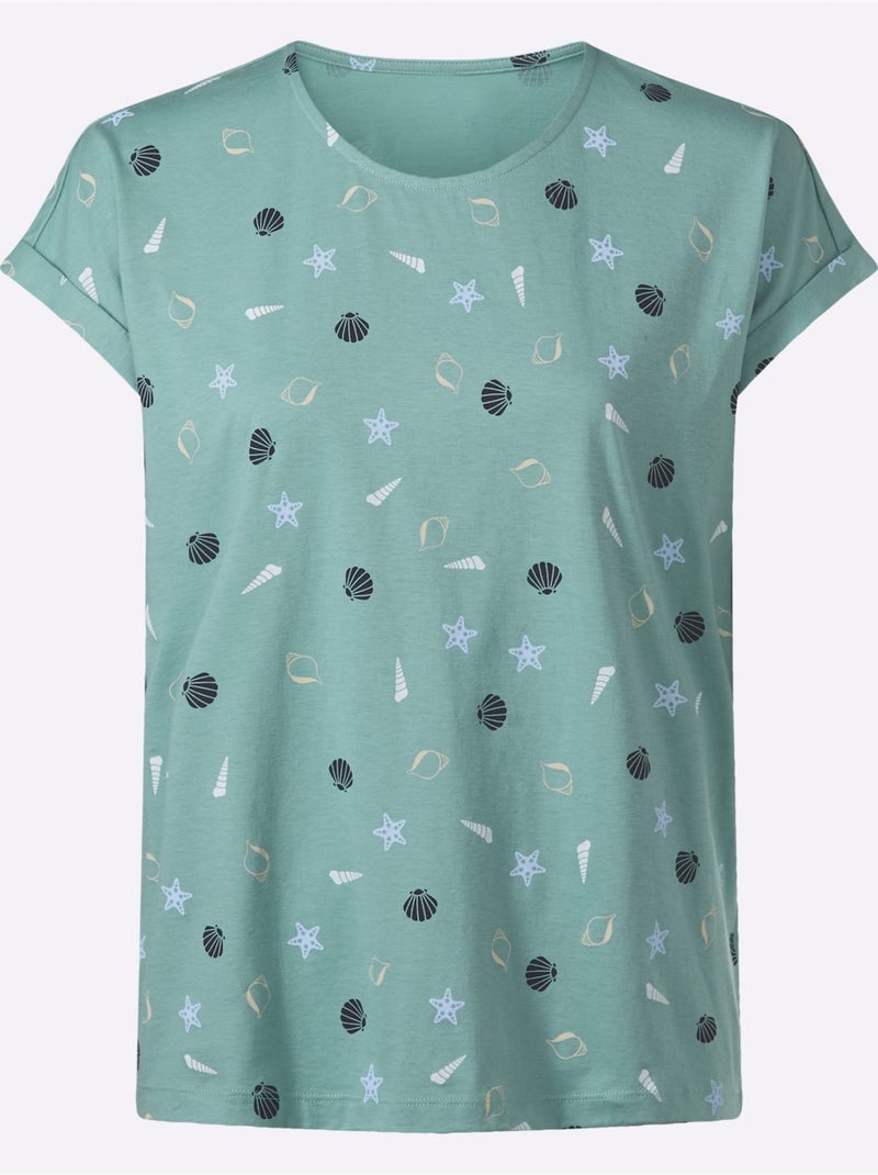 T-shirt à Encolure Ronde Manches à Revers Fixe - Taille Standard - Moda Vilona Vert Sauge - Kiabi