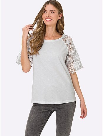 T-shirt à Encolure Ronde Manches En Dentelle - Taille Standard - Helline