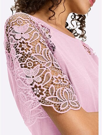 T-shirt à Encolure Ronde Manches En Dentelle - Taille Standard - Helline
