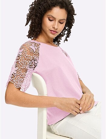 T-shirt à Encolure Ronde Manches En Dentelle - Taille Standard - Helline