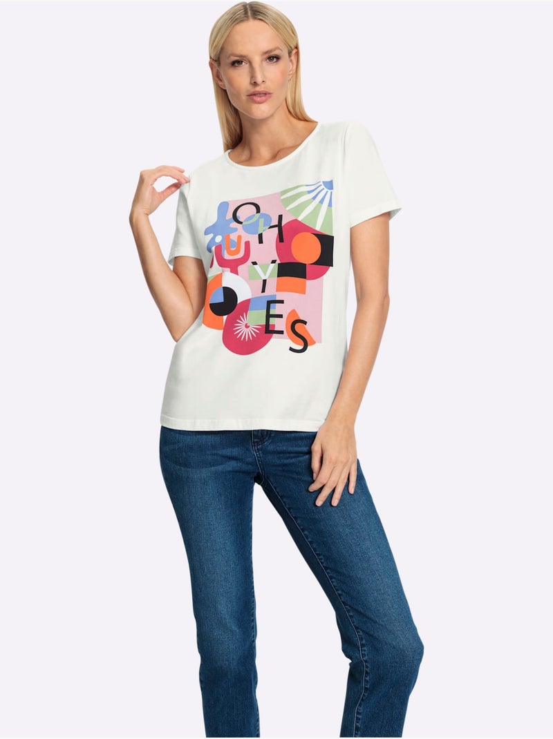 T-shirt à Encolure Ronde Motif Imprimé Devant - Taille Standard - Helline Blanc - Kiabi