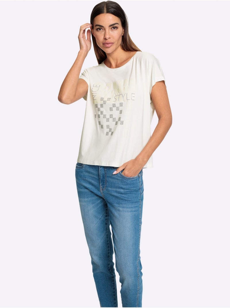 T-shirt à Encolure Ronde Motif Imprimé Exclusif Devant - Taille Standard - Helline Ecru - Kiabi