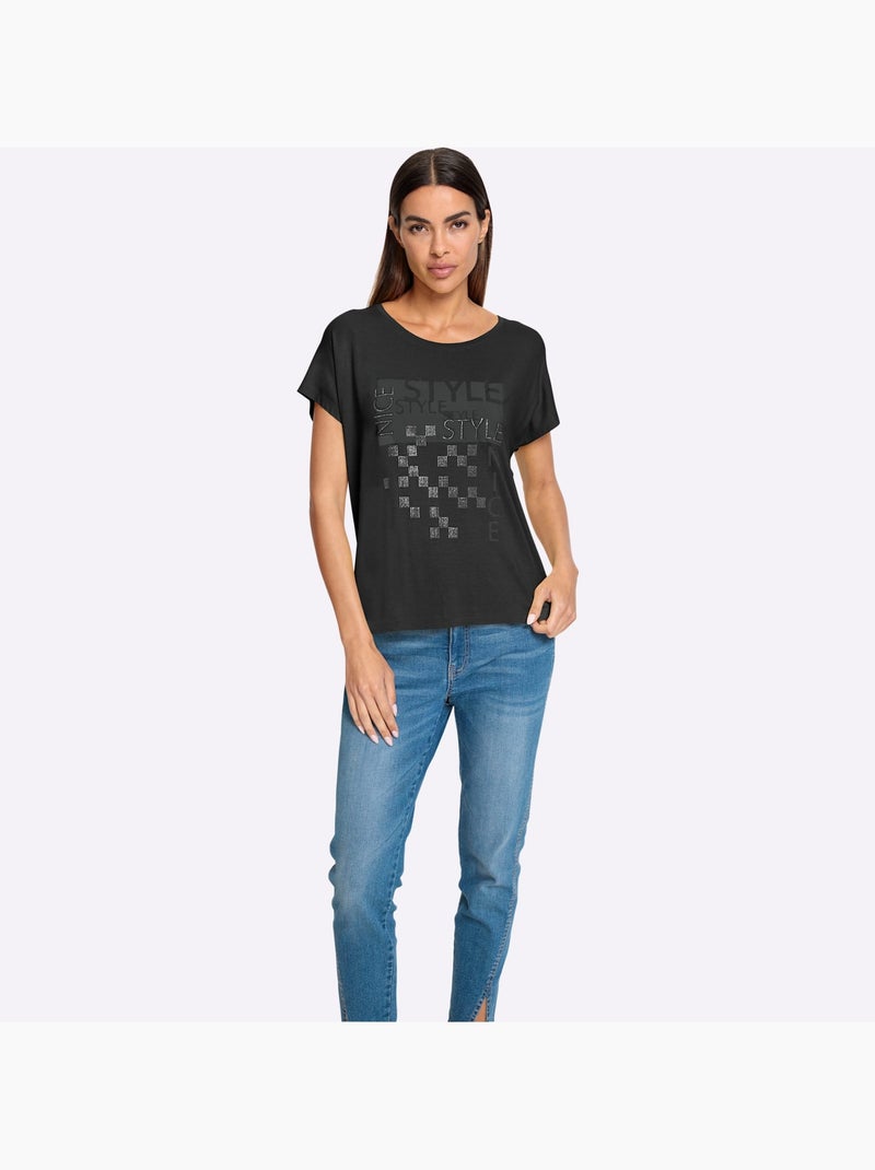 T-shirt à Encolure Ronde Motif Imprimé Exclusif Devant - Taille Standard - Helline Noir - Kiabi