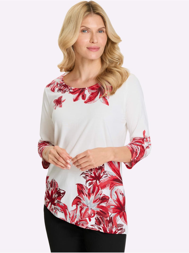 T-shirt à Encolure Ronde Ourlet Asymétrique - Taille Standard - Moda Vilona Ecru/Rouge - Kiabi
