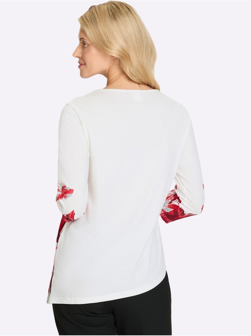 T-shirt à Encolure Ronde Ourlet Asymétrique - Taille Standard - Moda Vilona Ecru/Rouge - Kiabi