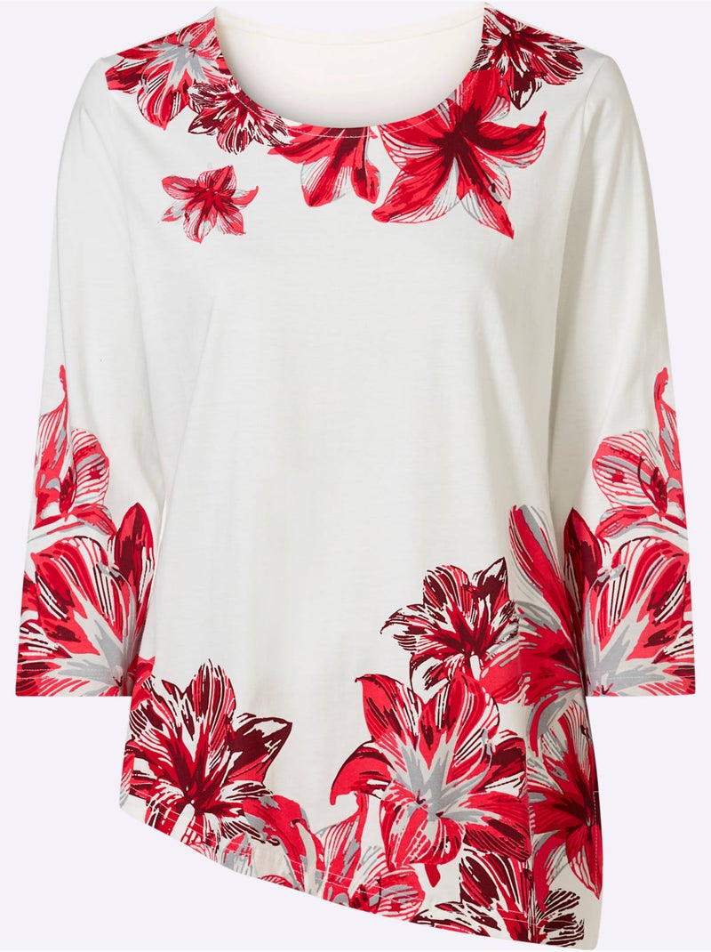 T-shirt à Encolure Ronde Ourlet Asymétrique - Taille Standard - Moda Vilona Ecru/Rouge - Kiabi