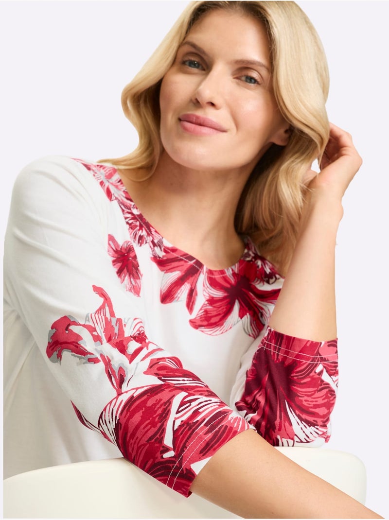 T-shirt à Encolure Ronde Ourlet Asymétrique - Taille Standard - Moda Vilona Ecru/Rouge - Kiabi