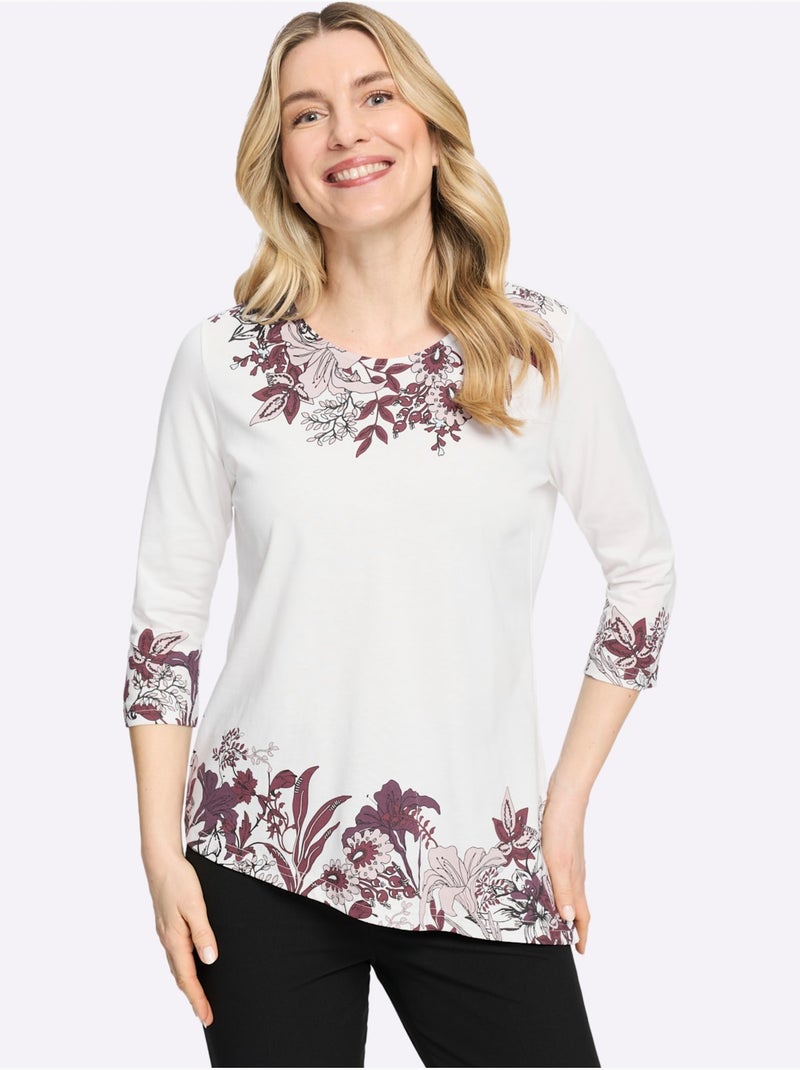 T-shirt à Encolure Ronde Ourlet Asymétrique - Taille Standard - Moda Vilona Ecru/Rouge - Kiabi