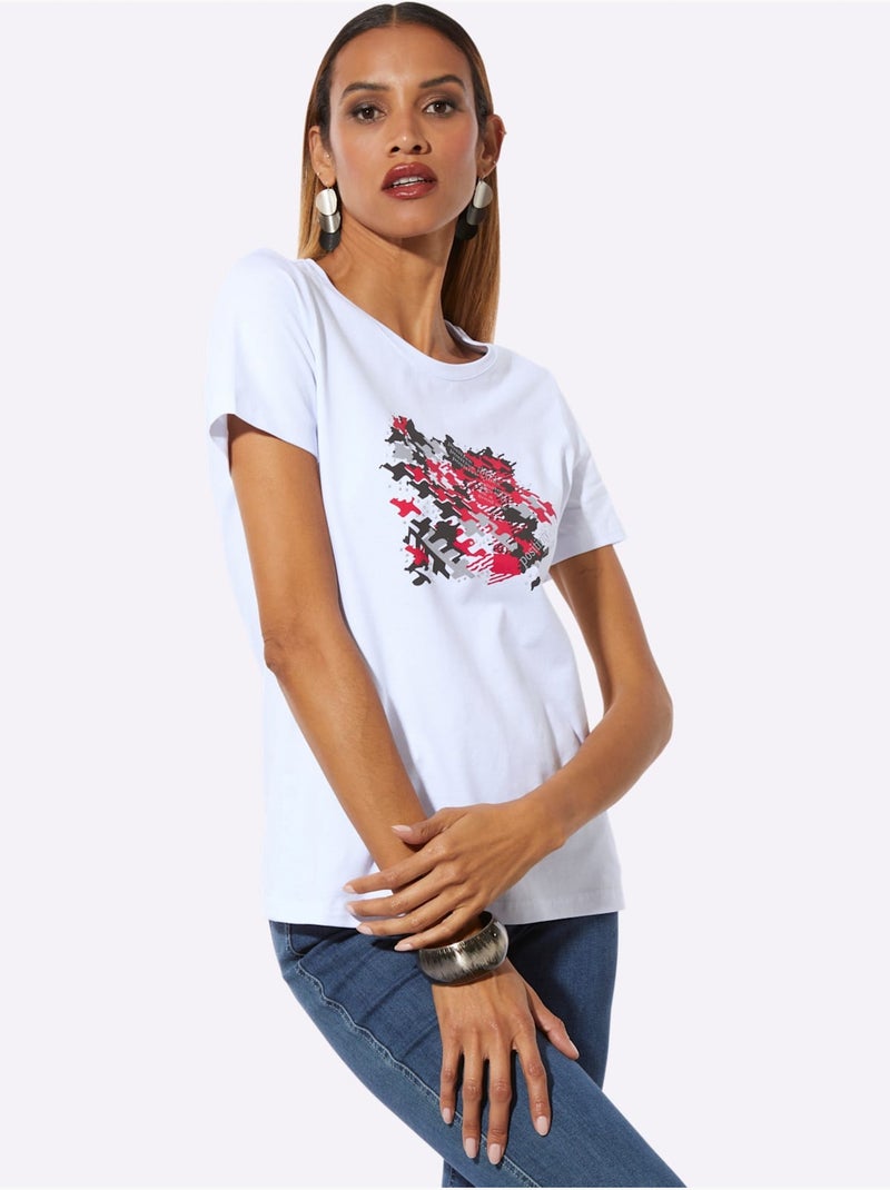 T-shirt à Encolure Ronde Produit Certifié Ocs - Taille Standard - Helline Blanc Rouge - Kiabi