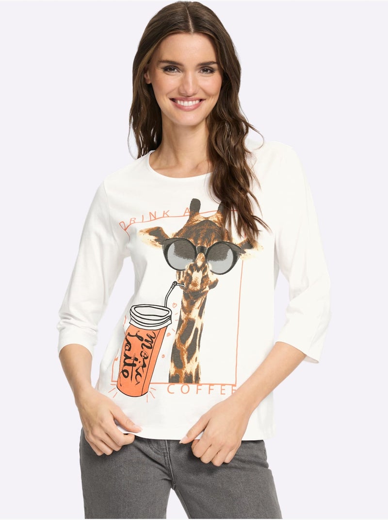 T-shirt à Encolure Ronde Pur Coton - Taille Standard - Moda Vilona Blanc Orange - Kiabi