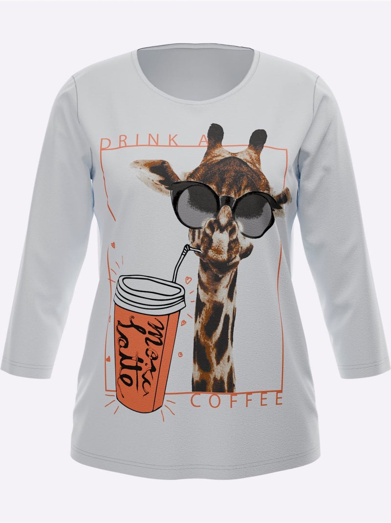 T-shirt à Encolure Ronde Pur Coton - Taille Standard - Moda Vilona Blanc Orange - Kiabi