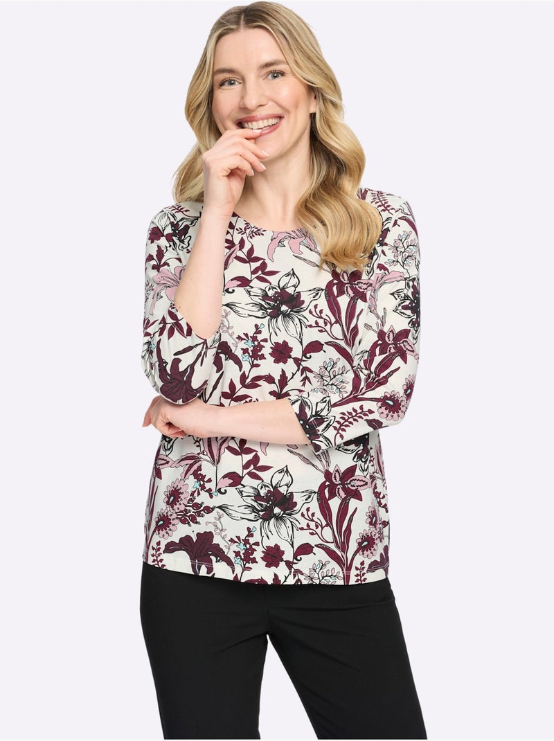 T-shirt à Encolure Ronde Pur Coton - Taille Standard - Moda Vilona Ecru/Rouge - Kiabi