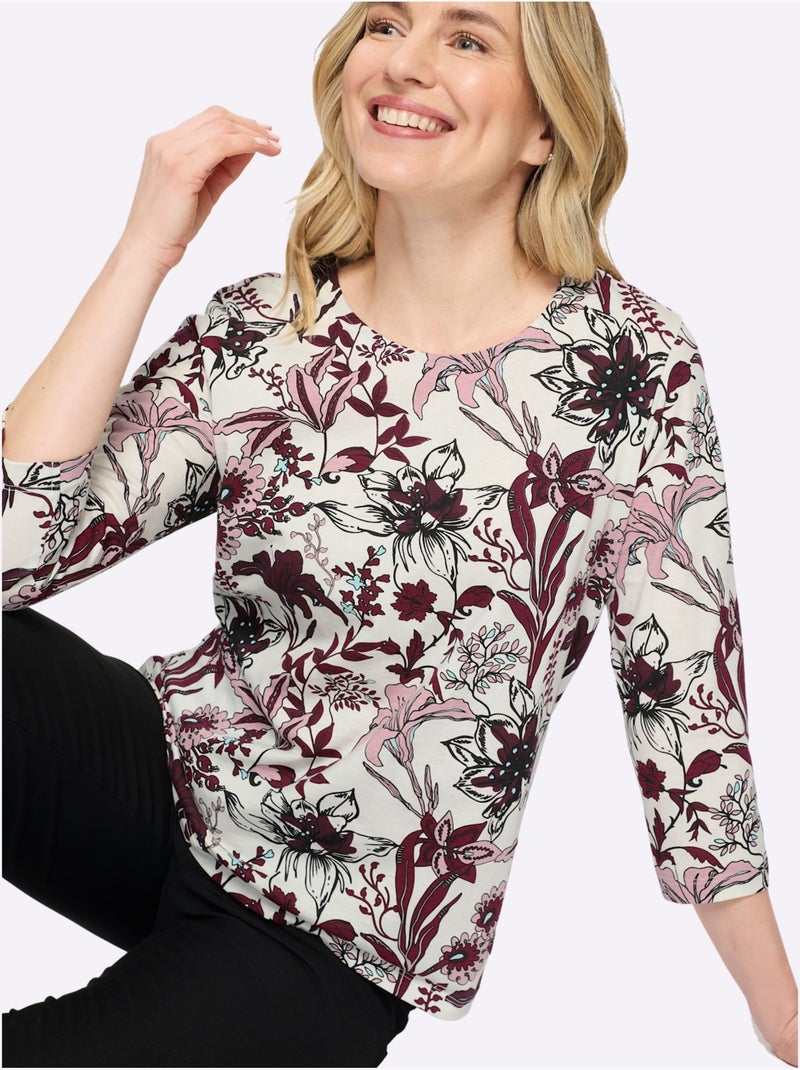 T-shirt à Encolure Ronde Pur Coton - Taille Standard - Moda Vilona Ecru/Rouge - Kiabi