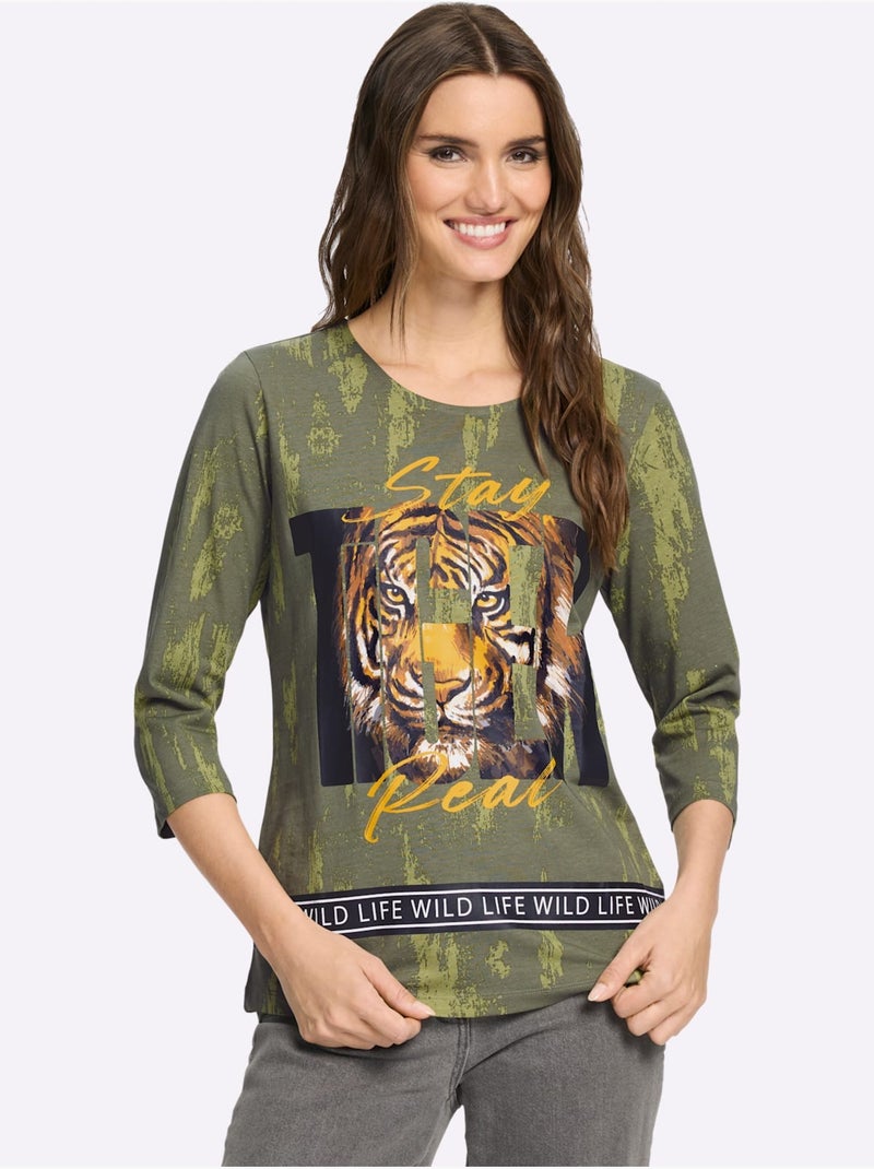 T-shirt à Encolure Ronde Pur Coton - Taille Standard - Moda Vilona Kaki - Kiabi