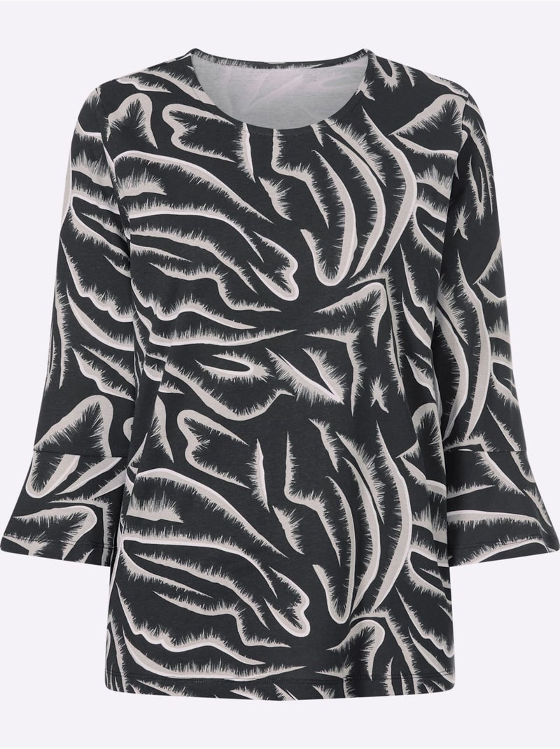 T-shirt à Encolure Ronde Pur Coton - Taille Standard - Moda Vilona Noir Blanc - Kiabi