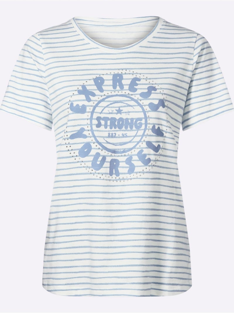 T-shirt à Encolure Ronde Qualité Jersey Très Confortable - Taille Standard - Helline Bleu Ecru - Kiabi