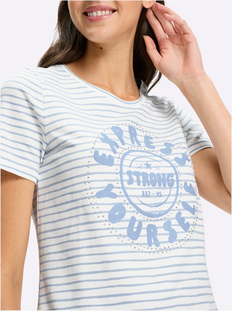 T-shirt à Encolure Ronde Qualité Jersey Très Confortable - Taille Standard - Helline Bleu Ecru - Kiabi