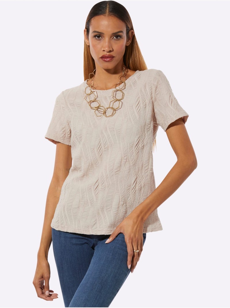 T-shirt à Encolure Ronde Structure Jacquard - Taille Standard - Helline Sable - Kiabi