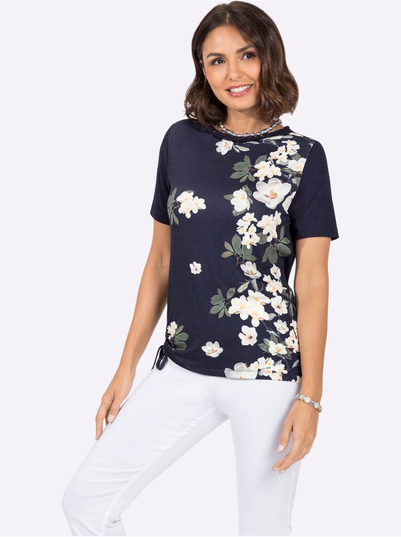 T-shirt à Encolure Ronde Viscose - Taille Standard - Witt Ecru/Marine - Kiabi
