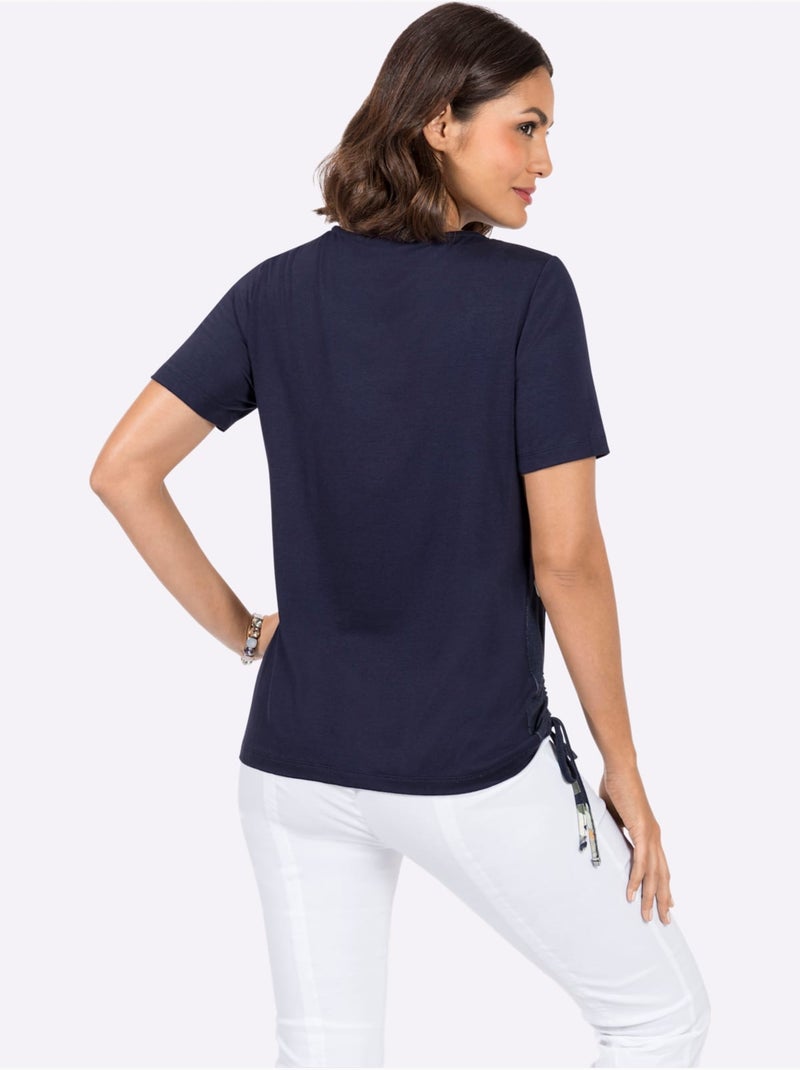 T-shirt à Encolure Ronde Viscose - Taille Standard - Witt Ecru/Marine - Kiabi