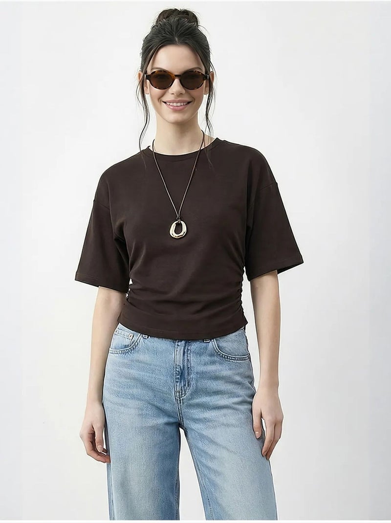 T-shirt à enfiler coupe classique, col rond lucci Marron foncé - Kiabi
