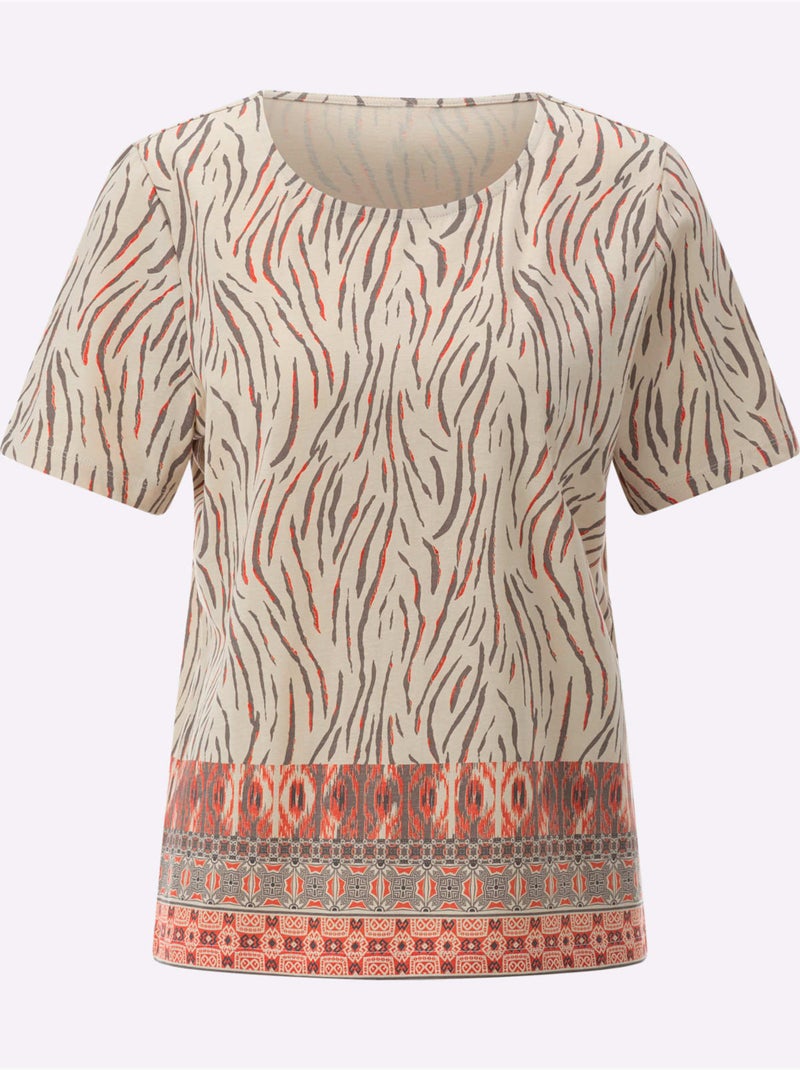 T-shirt à imprimé animal avec encolure ronde et manches courtes - Taille standard - Moda Vilona Beige/Noir - Kiabi