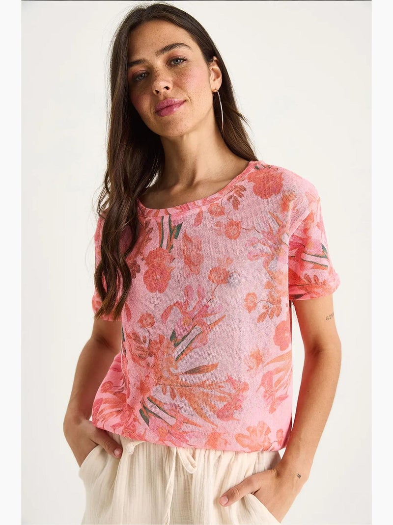 T-shirt à imprimé floral et col rond lucci Rose fluo/Solinotes - Kiabi