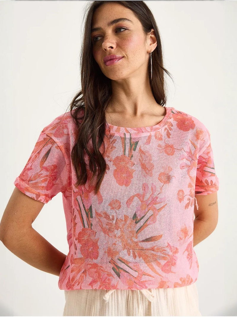 T-shirt à imprimé floral et col rond lucci Rose fluo/Solinotes - Kiabi
