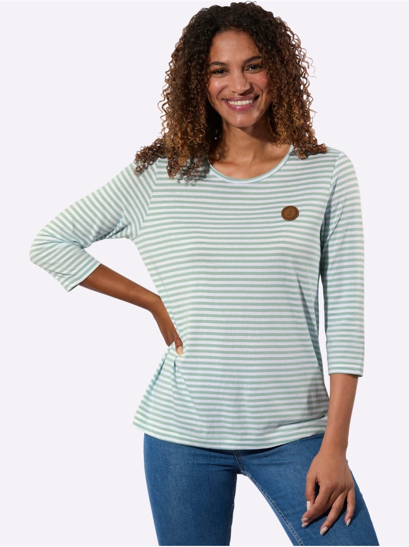 T-shirt à Manches 3/4 50% Coton Et 50% Modal - Taille Standard - Witt Blanc Vert - Kiabi