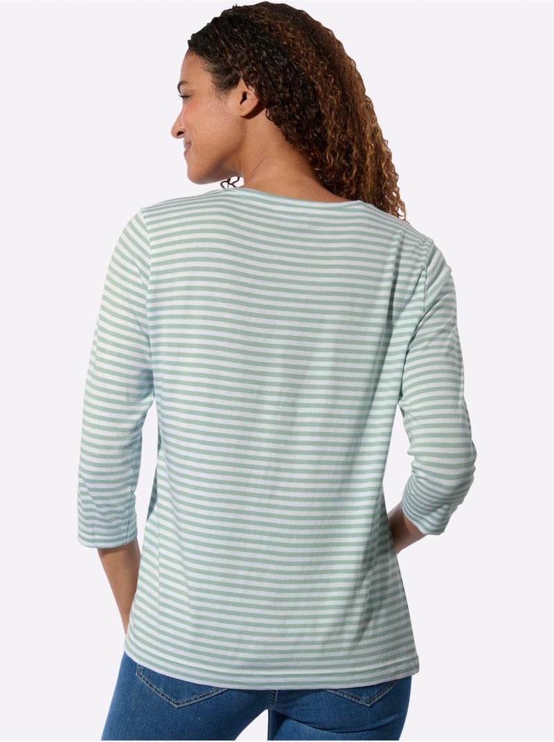 T-shirt à Manches 3/4 50% Coton Et 50% Modal - Taille Standard - Witt Blanc Vert - Kiabi
