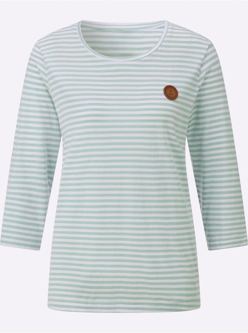 T-shirt à Manches 3/4 50% Coton Et 50% Modal - Taille Standard - Witt Blanc Vert - Kiabi