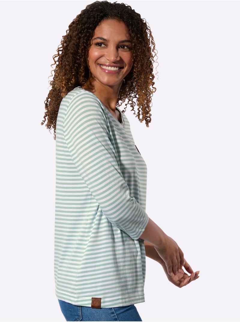 T-shirt à Manches 3/4 50% Coton Et 50% Modal - Taille Standard - Witt Blanc Vert - Kiabi