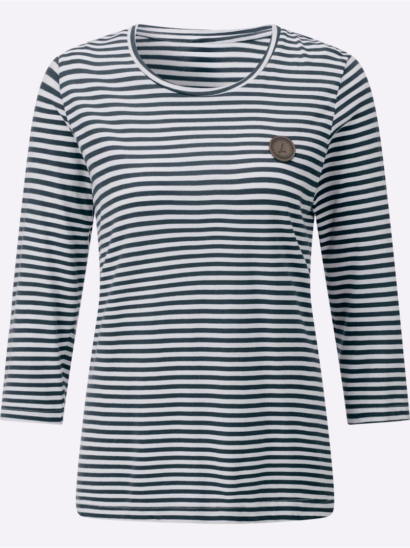 T-shirt à Manches 3/4 50% Coton Et 50% Modal - Taille Standard - Witt Bleu Blanc - Kiabi