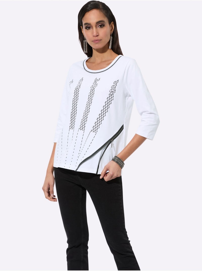 T-shirt à Manches 3/4 95% Coton - Taille Standard - Helline Blanc Noir - Kiabi