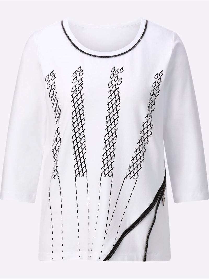 T-shirt à Manches 3/4 95% Coton - Taille Standard - Helline Blanc Noir - Kiabi
