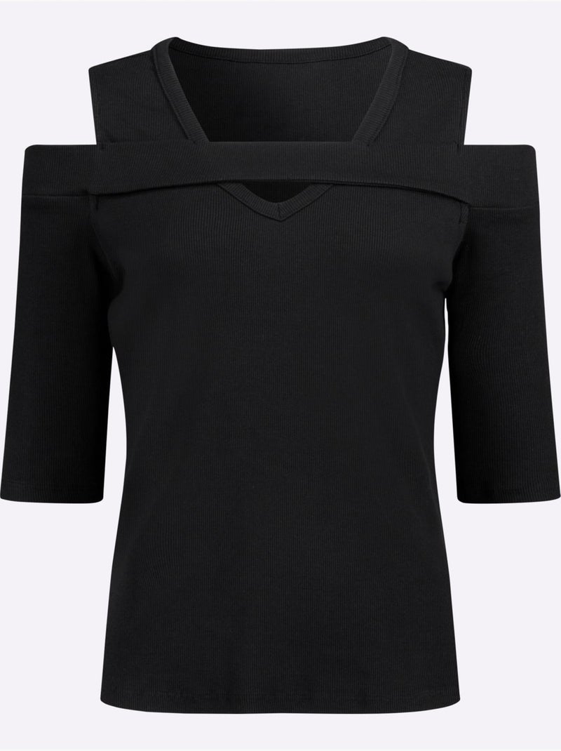 T-shirt à Manches 3/4 95% Coton - Taille Standard - Helline Noir - Kiabi