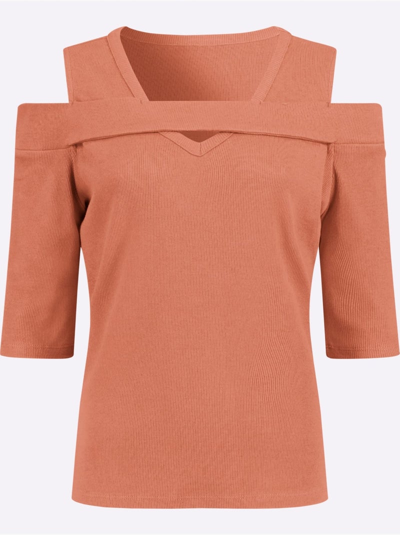 T-shirt à Manches 3/4 95% Coton - Taille Standard - Helline Orange - Kiabi