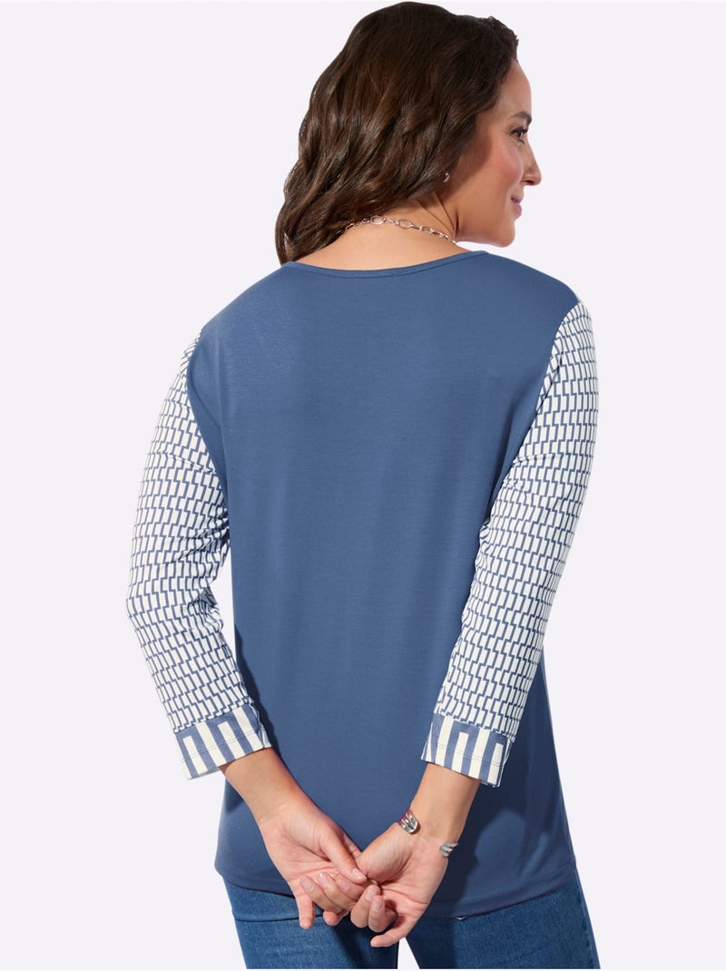 T-shirt à Manches 3/4 95% Viscose (ecovero) - Taille Standard - Witt Bleu Ecru - Kiabi