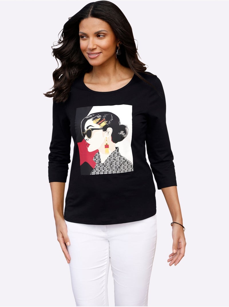 T-shirt à manches 3/4 à imprimé moderne et détails pied-de-poule - Taille standard - Moda Vilona Noir Beige Noir - Kiabi