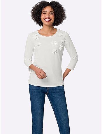 T-shirt à Manches 3/4 Applications Florales - Taille Standard - helline