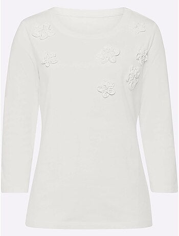 T-shirt à Manches 3/4 Applications Florales - Taille Standard - helline