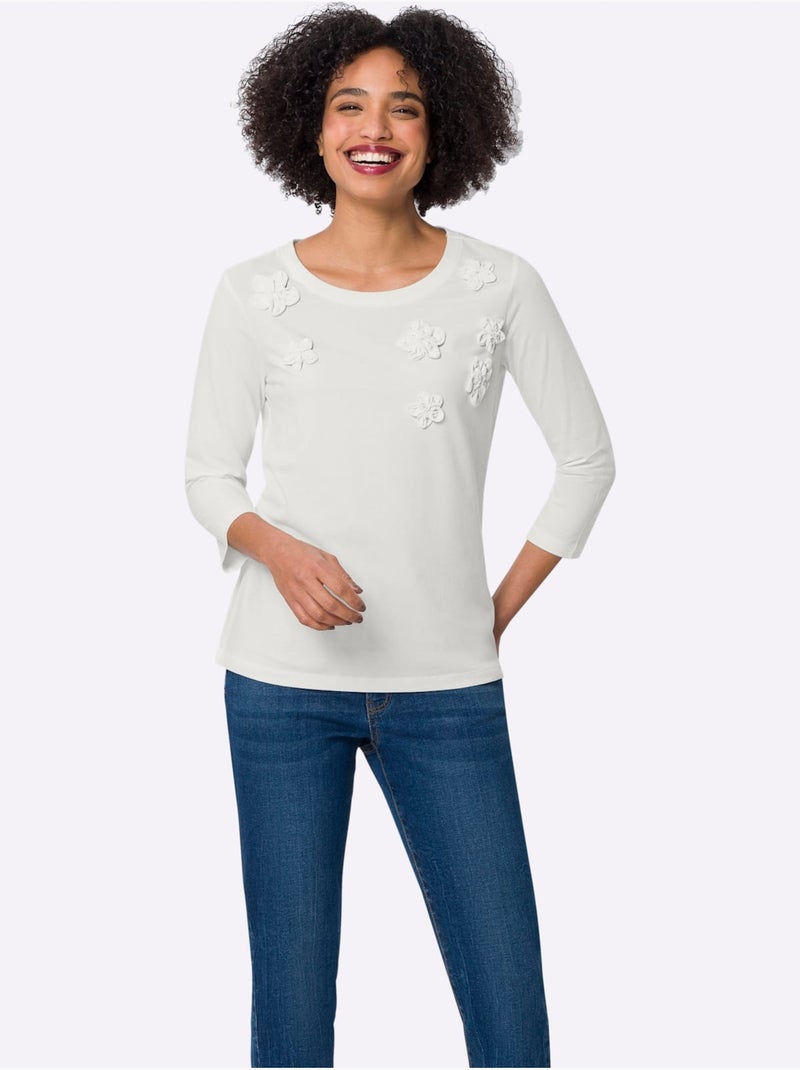 T-shirt à Manches 3/4 Applications Florales - Taille Standard - Helline Ecru - Kiabi
