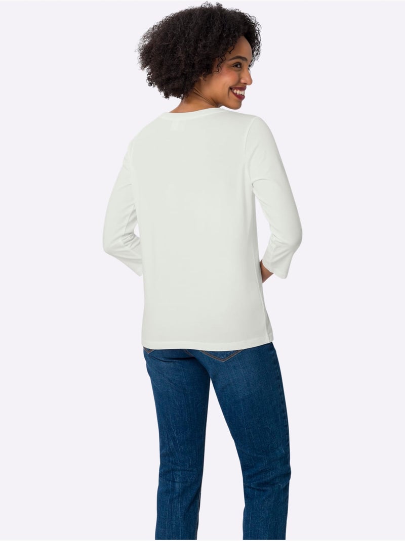 T-shirt à Manches 3/4 Applications Florales - Taille Standard - Helline Ecru - Kiabi