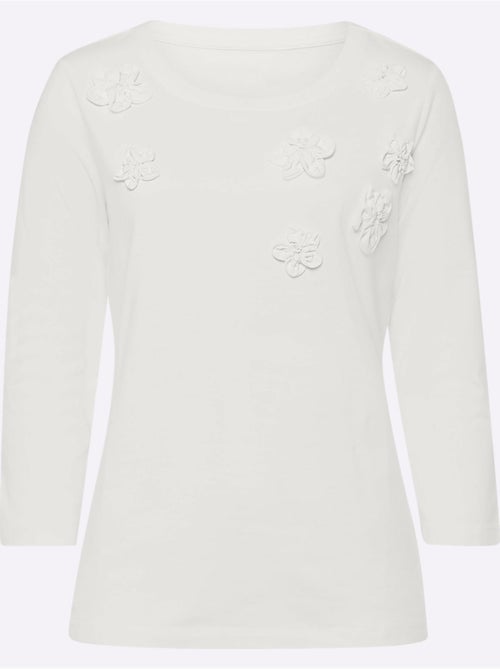 T-shirt à Manches 3/4 Applications Florales - Taille Standard - helline - Kiabi