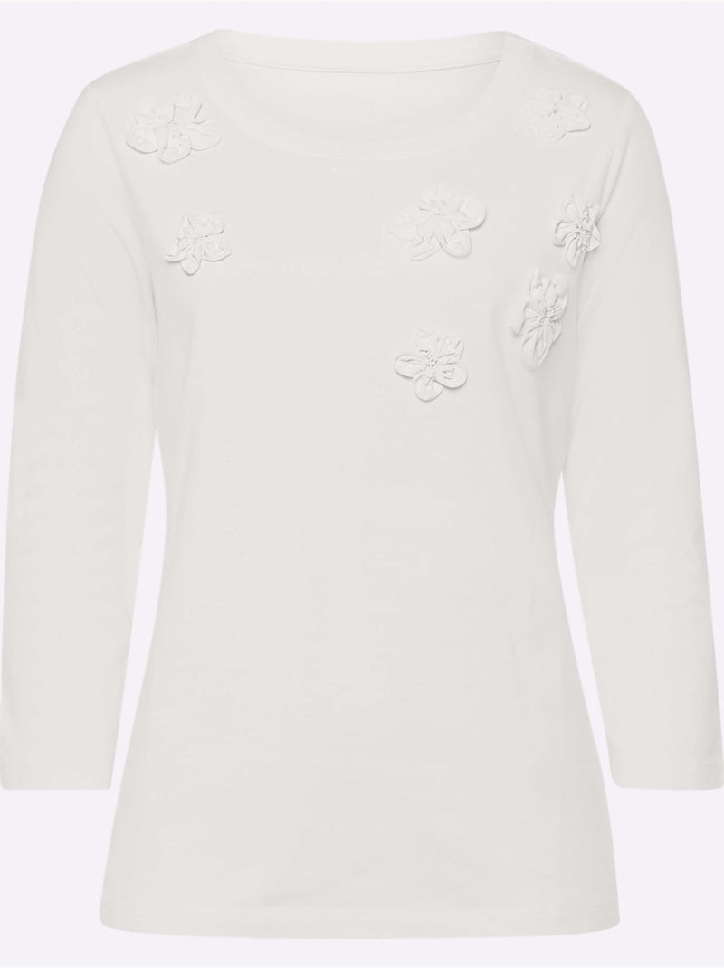 T-shirt à Manches 3/4 Applications Florales - Taille Standard - Helline Ecru - Kiabi