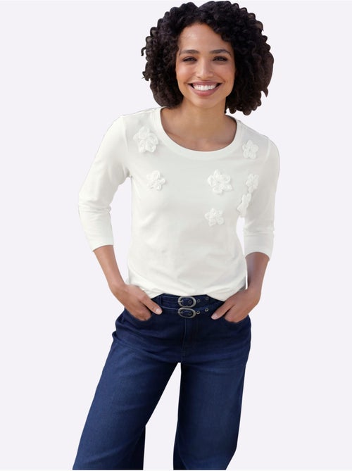 T-shirt à Manches 3/4 Applications Florales - Taille Standard - helline - Kiabi