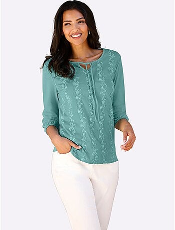 T-shirt à manches 3/4 avec broderie florale et col rond - taille standard - moda vilona