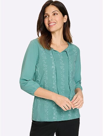 T-shirt à manches 3/4 avec broderie florale et col rond - taille standard - moda vilona