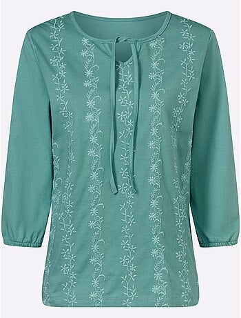 T-shirt à manches 3/4 avec broderie florale et col rond - taille standard - moda vilona