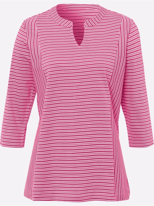 T-shirt à manches 3/4 avec col en v et rayures longitudinales - taille standard - moda vilona - Kiabi T-shirt à manches 3/4 avec col en v et rayures longitudinales - taille standard - moda vilona - Kiabi